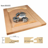 Cabinet door making shaper cutter set on wooden panel with profile diagram for woodworking.