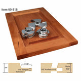 Cabinet door cutter set with carbide-tipped woodworking shaper blades on a raised panel.
