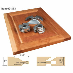 Carbide insert shaper cutter set on wood cabinet door with profile and tongue joinery diagrams