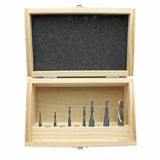 Wooden box set of spiral router bits for woodworking, displayed in foam-lined case