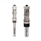 Two carbide spiral flush trim router bits with bearings, used for woodworking precision cuts