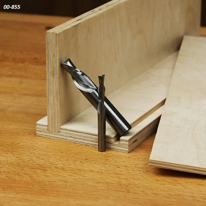 Straight router bits on plywood with woodworking jig for precise joinery