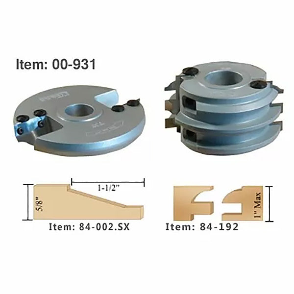 Carbide-tipped shaper cutter head set with profile diagrams for woodworking, item 00-931.
