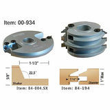 Metal woodworking cutter heads with diagrams showing shaker and chamfer profiles and measurements.