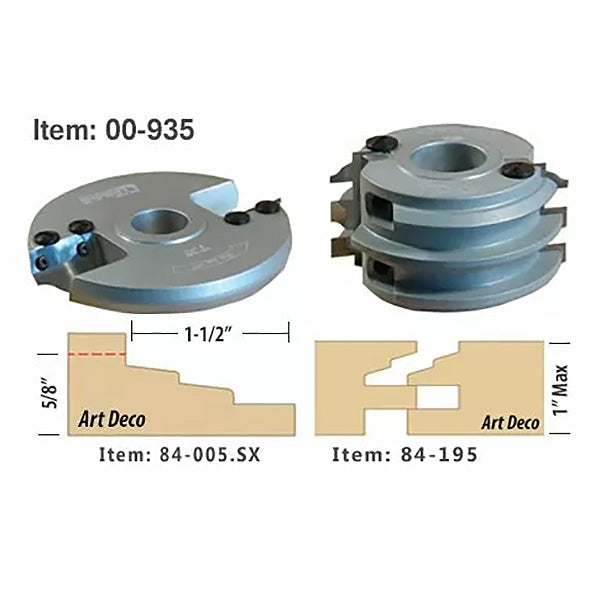 Carbide-tipped woodworking shaper cutter set with Art Deco profile samples and item numbers.