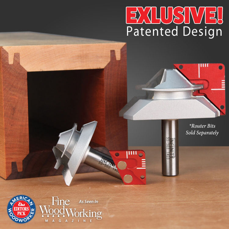 Patented router table jig with red guide for precise woodworking joinery, shown next to a wooden box with decorative joints.