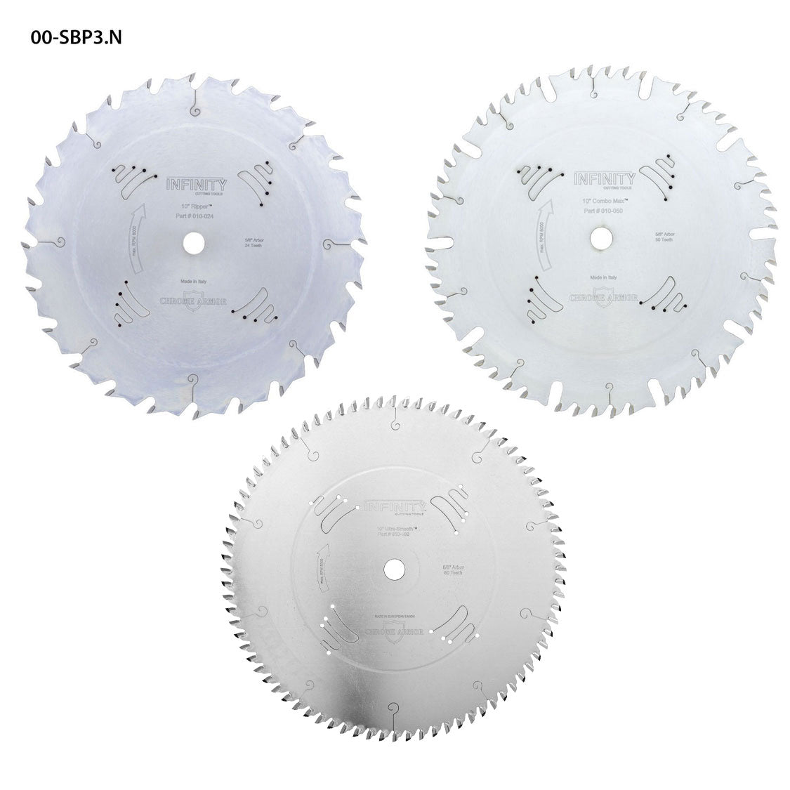 Infinity Tools 3-piece professional 10-inch table saw blade package on a white background