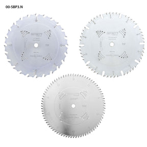 Infinity Tools 3-piece professional 10-inch table saw blade package on a white background