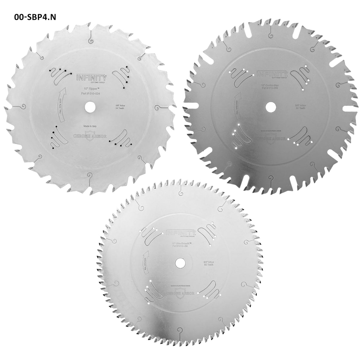 Three circular saw blades on a white background
