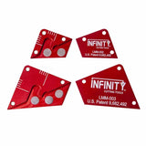 Red magnetic woodworking layout tools with measurement markings and patent details