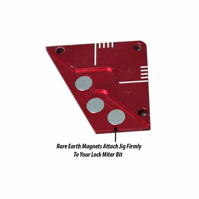 Red lock miter bit setup jig with rare earth magnets and white alignment markings.