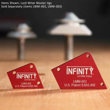 Two red lock miter master jigs labeled LMM-002 and LMM-003 on a wooden surface