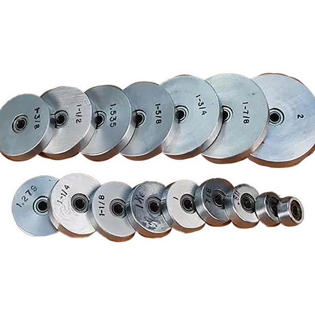 Set of metal router table insert rings in various sizes, labeled for woodworking tools