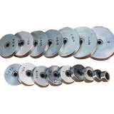 Set of metal router table insert rings in various sizes, labeled for woodworking tools