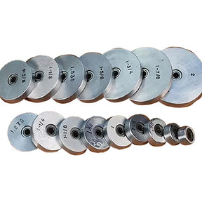Set of metal router table insert rings in various sizes, labeled for woodworking tools