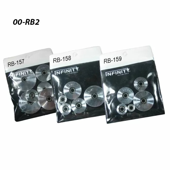 Router bit bearing kits in clear labeled pouches, ideal woodworking tool accessories.