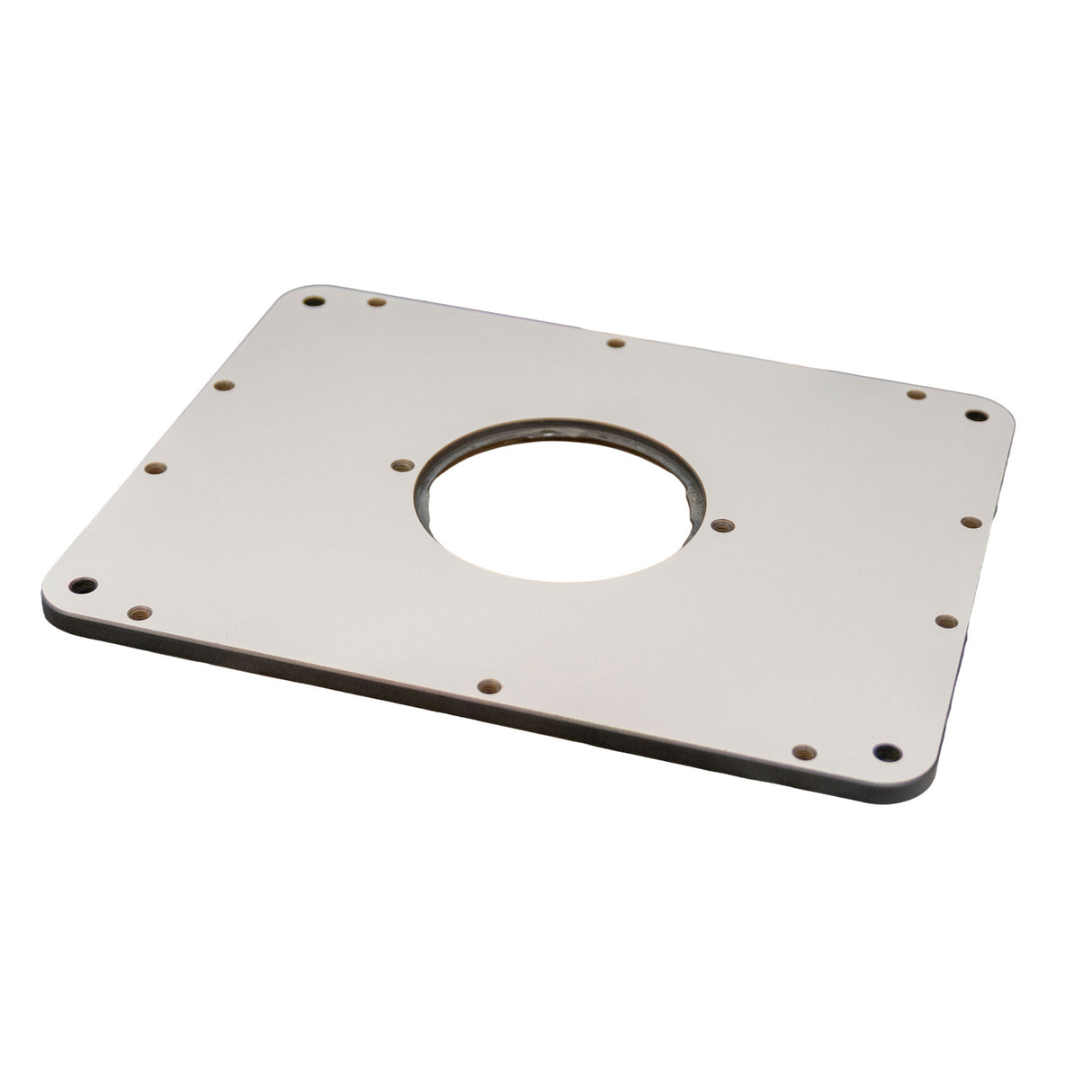 Rectangular router table insert plate with pre-drilled mounting holes and central opening