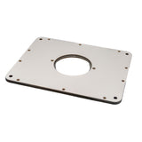 Rectangular router table insert plate with pre-drilled mounting holes and central opening