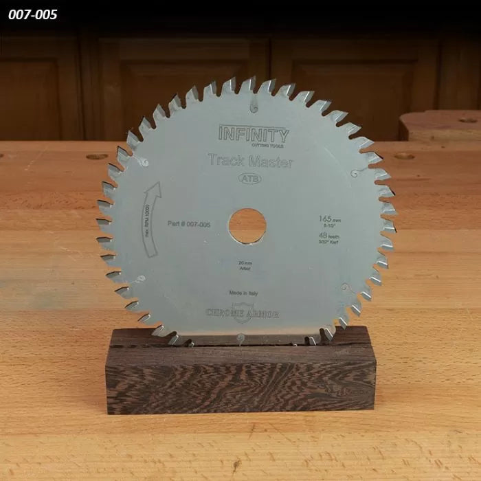 Track Master circular saw blade with 48 teeth on wooden stand, woodworking tool