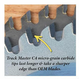 Close-up of saw blade teeth with C4 micro-grain carbide tips for woodworking.