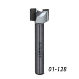 Carbide-tipped router bit for woodworking, silver finish, straight cutting edges, product code 01-128