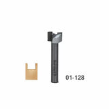 Straight router bit for woodworking with sample dado cut and item number 01-128 visible.