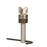 Carbide woodworking router bit with depth stop collar and hex key on white background