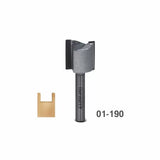 Straight router bit for woodworking with sample groove cut and 01-190 label
