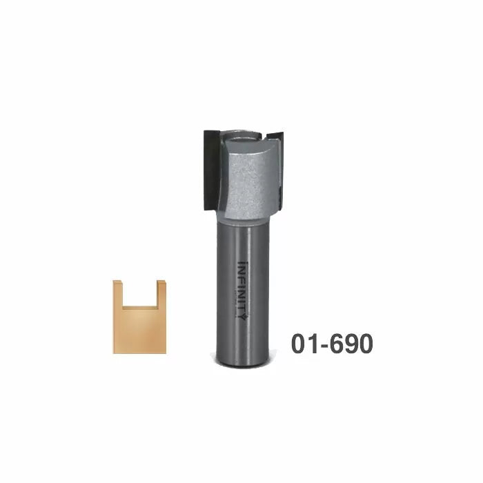 Carbide-tipped slot cutting router bit with wood joint example and product number 01-690