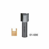 Carbide-tipped slot cutting router bit with wood joint example and product number 01-690