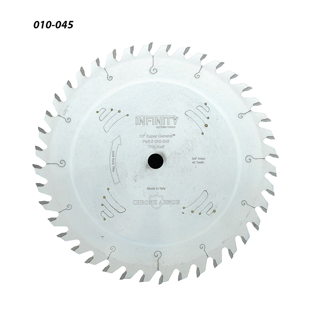 10-inch circular saw blade with 40 teeth, thin kerf, labeled part 010-045, woodworking tool