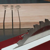 Table saw blade with wood showing standard kerf, thin kerf, and laser thin kerf cuts