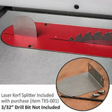 Table saw with a red throat plate and installed kerf splitter, inset of metal splitter with screws and drill bit.