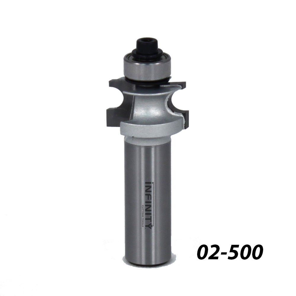 Carbide router bit with bearing, straight shank, labeled 02-500, for woodworking