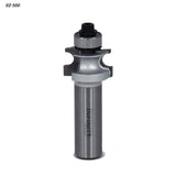 Carbide router bit with bearing for woodworking, straight shank, metal finish on white background.