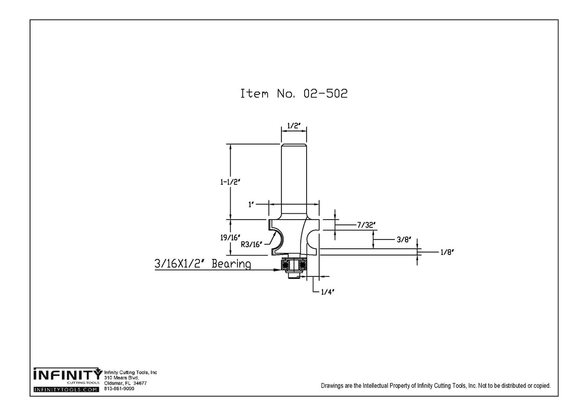 Technical drawing of router bit with labeled dimensions and 3/16 x 1/2 inch bearing.