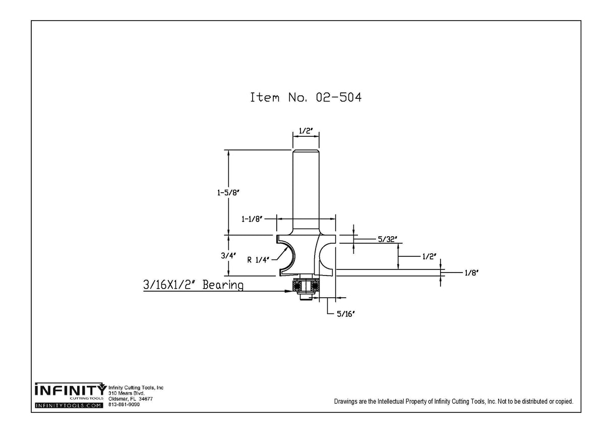 Technical drawing of woodworking router bit with detailed dimensions and bearing size