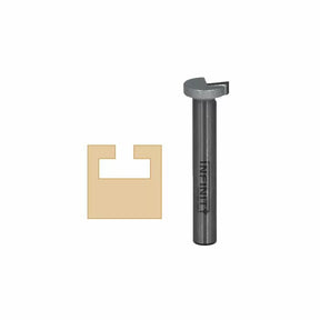 Slot cutting router bit with sample wood joint cutout, woodworking tool on white background