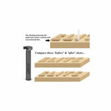 Floating lettering router bit beside wood samples showing before and after undercut letters.