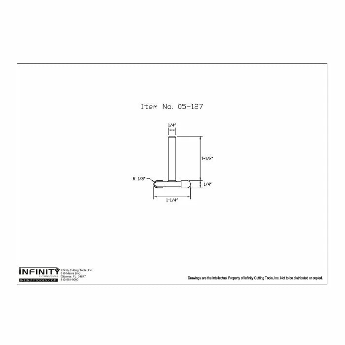 Technical drawing of router bit 05-127 with precise dimensions for woodworking.