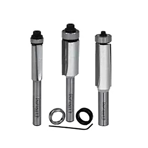 Carbide-tipped flush trim router bits set with bearings and hex key for woodworking