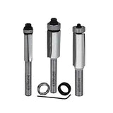 Carbide-tipped flush trim router bits set with bearings and hex key for woodworking
