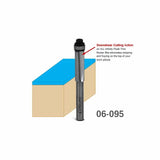 Flush trim router bit with downshear cutting action beside a wood block, labeled 06-095.