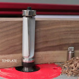 Template router bit with top and bottom bearings cutting wood on router table