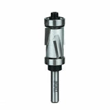 Flush trim router bit with double bearing, carbide-tipped woodworking tool on white background