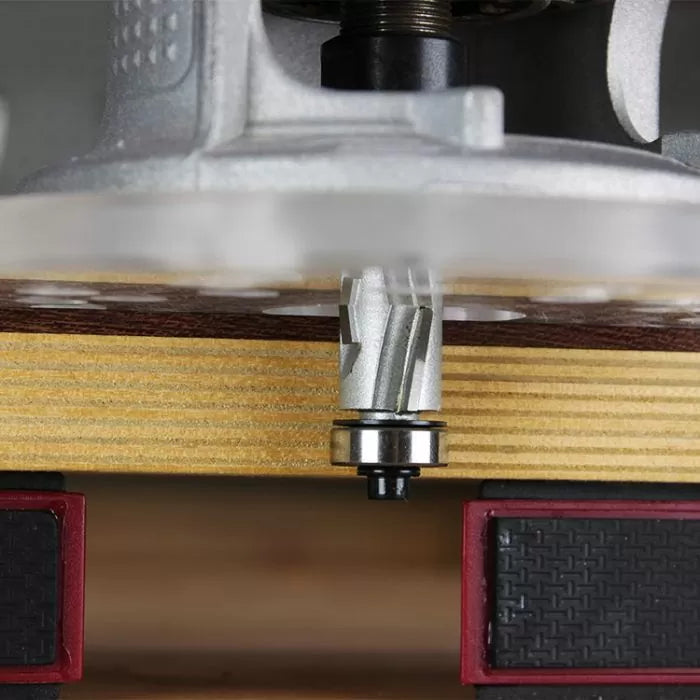 Carbide router bit with bearing in a woodworking router cutting edge of a wood board