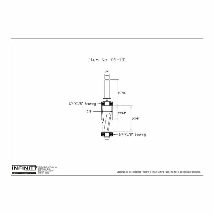 Technical drawing of woodworking router bit with detailed dimensions and labeled bearings.