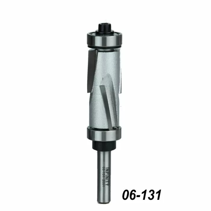 Spiral flush trim router bit with dual ball bearings for woodworking, model 06-131.