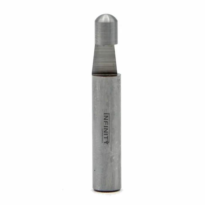 Carbide-tipped round nose router bit with engraved shaft on white background
