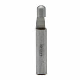 Carbide-tipped round nose router bit with engraved shaft on white background